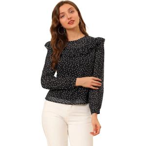 imageAllegra K Womens Polka Dots Chiffon Top Elegant Crew Neck Ruffle Blouse