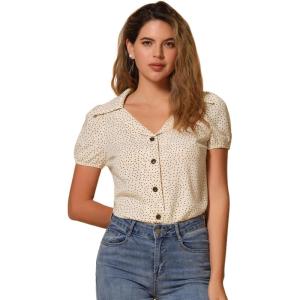 imageAllegra K Womens Polka Dots Short Sleeve Button Up Vintage 1950s BlouseBeige