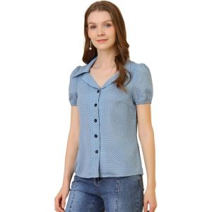 imageAllegra K Womens Polka Dots Short Sleeve Button Up Vintage 1950s BlouseBlue Gray