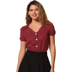 imageAllegra K Womens Polka Dots Short Sleeve Button Up Vintage 1950s BlouseBurgundy