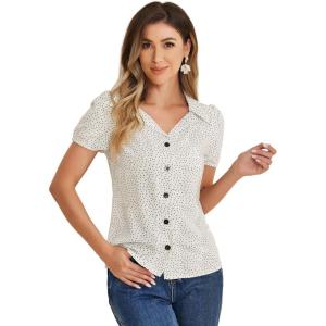 imageAllegra K Womens Polka Dots Short Sleeve Button Up Vintage 1950s BlouseWhite