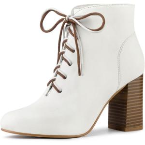 imageAllegra K Womens Round Toe Lace Up Chunky Heels Ankle BootiesWhite