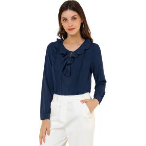 imageAllegra K Womens Ruffle Neck Chiffon Blouse Business Office Vintage Peasant TopDark Blue