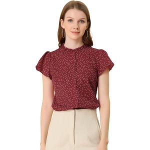 imageAllegra K Womens Ruffle Summer Dots Print 1950s Retro Short Sleeve Button Down Blouse TopBurgundy