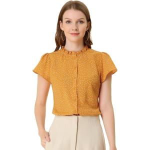 imageAllegra K Womens Ruffle Summer Dots Print 1950s Retro Short Sleeve Button Down Blouse TopDark Yellow