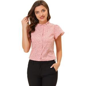 imageAllegra K Womens Ruffle Summer Dots Print 1950s Retro Short Sleeve Button Down Blouse TopPink