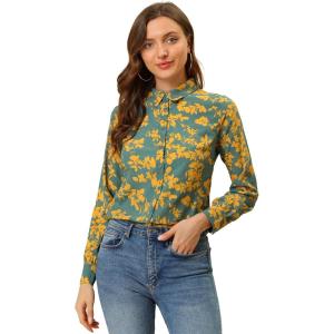imageAllegra K Womens Tropical Print Blouse Lapel Collar Long Sleeve Elegant Button Down ShirtGreenfloral
