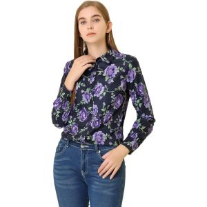 imageAllegra K Womens Tropical Print Blouse Lapel Collar Long Sleeve Elegant Button Down ShirtPurplefloral