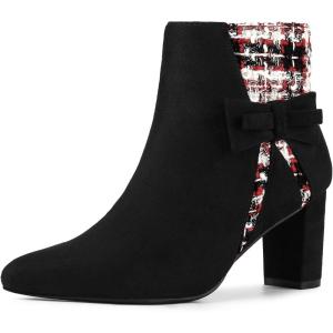 imageAllegra K Womens Tweed Plaid Heels Boot Bow Block Heels Ankle BootsBlack