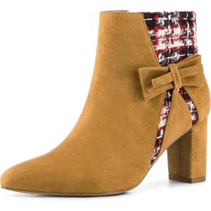 imageAllegra K Womens Tweed Plaid Heels Boot Bow Block Heels Ankle BootsBrown