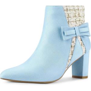 imageAllegra K Womens Tweed Plaid Heels Boot Bow Block Heels Ankle BootsSky Blue