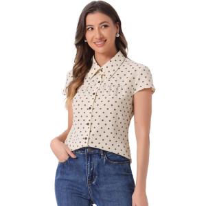imageAllegra K Womens Vintage Polka Dots Shirt Retro Short Sleeve Button Up TopsDark Beige