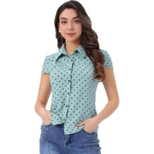 imageAllegra K Womens Vintage Polka Dots Shirt Retro Short Sleeve Button Up TopsDusty Blue