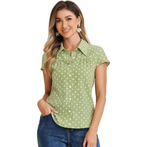 imageAllegra K Womens Vintage Polka Dots Shirt Retro Short Sleeve Button Up TopsGreen