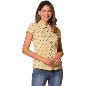 imageAllegra K Womens Vintage Polka Dots Shirt Retro Short Sleeve Button Up TopsYellow Khaki