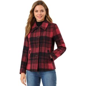 imageAllegra K Womens Winter Detachable Collared Button Pockets Check Plaid CoatRed