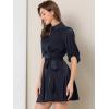imageAllegra K Womens Elegant Satin Dresses Pleated Waist ALine Belted Puff Sleeve Shirt DressDark Blue