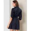 imageAllegra K Womens Elegant Satin Dresses Pleated Waist ALine Belted Puff Sleeve Shirt DressDark Blue