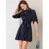imageAllegra K Womens Elegant Satin Dresses Pleated Waist ALine Belted Puff Sleeve Shirt DressDark Blue