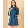 imageAllegra K Womens Elegant Satin Dresses Pleated Waist ALine Belted Puff Sleeve Shirt DressPeacock Blue