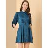 imageAllegra K Womens Elegant Satin Dresses Pleated Waist ALine Belted Puff Sleeve Shirt DressPeacock Blue