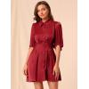 imageAllegra K Womens Elegant Satin Dresses Pleated Waist ALine Belted Puff Sleeve Shirt DressWine Red