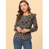 imageAllegra K Womens Floral Printed Top Long Sleeve Round Neck Ruffle Collar BlouseBlack