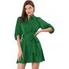 imageAllegra K Womens Elegant Satin Dresses Pleated Waist ALine Belted Puff Sleeve Shirt DressGreen