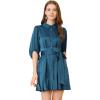 imageAllegra K Womens Elegant Satin Dresses Pleated Waist ALine Belted Puff Sleeve Shirt DressPeacock Blue
