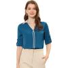imageAllegra K Work Office Shirt for Womens Contrast V Neck Collared Roll Up Long Sleeve Chiffon BlouseLake Blue