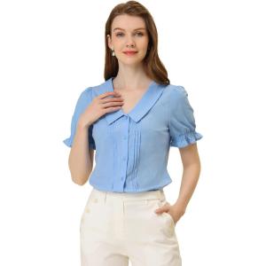 imageAllegra K Button Down Shirt for Womens Pleated Short Sleeve V Neck TopBlue