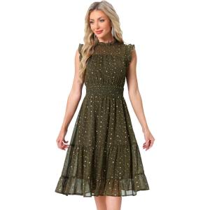 imageAllegra K Casual Chiffon Midi Dress for Women Halloween Sleeveless Smocked Waist Gilding Metallic Stars Party DressesArmy Green