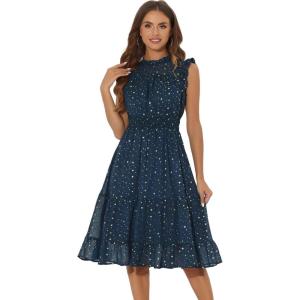 imageAllegra K Casual Chiffon Midi Dress for Women Halloween Sleeveless Smocked Waist Gilding Metallic Stars Party DressesDark Blue