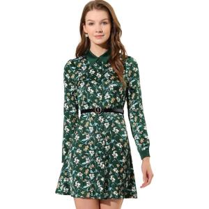 imageAllegra K Floral Satin Dresses for Womens Spring Fall Long Sleeve Belted Button Down DressDark Green
