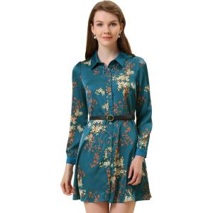 imageAllegra K Floral Satin Dresses for Womens Spring Fall Long Sleeve Belted Button Down DressPeacock Blue