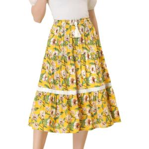 imageAllegra K Floral Skirt for Womens Tropical Lace Insert Elastic Drawstring Midi Tiered Vintage SkirtsYellow