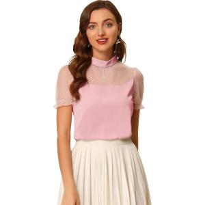 imageAllegra K Mock Neck Blouse for Womens Puff Sleeve Elegant Mesh Sleeve TopPink