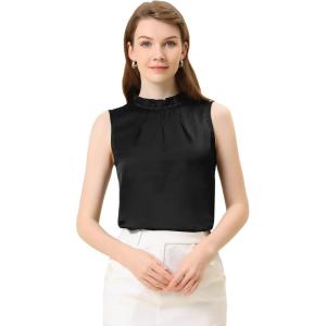 imageAllegra K Office Blouse for Womens 2024 Sleeveless Mock Neck Ruffles Elegant Satin Work TopsBlack