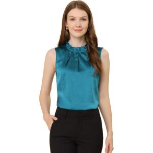 imageAllegra K Office Blouse for Womens 2024 Sleeveless Mock Neck Ruffles Elegant Satin Work TopsDeep Green