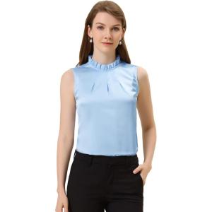 imageAllegra K Office Blouse for Womens 2024 Sleeveless Mock Neck Ruffles Elegant Satin Work TopsLight Blue