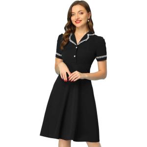 imageAllegra K Peter Pan Collar Dress for Womens Work Puff Sleeve Vintage DressesBlack