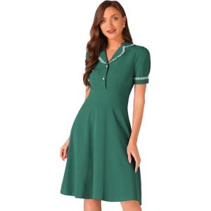 imageAllegra K Peter Pan Collar Dress for Womens Work Puff Sleeve Vintage DressesDark Green