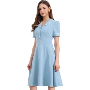 imageAllegra K Peter Pan Collar Dress for Womens Work Puff Sleeve Vintage DressesDusty Blue