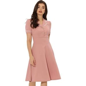 imageAllegra K Peter Pan Collar Dress for Womens Work Puff Sleeve Vintage DressesPink