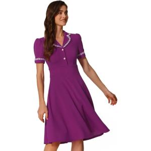imageAllegra K Peter Pan Collar Dress for Womens Work Puff Sleeve Vintage DressesPurple