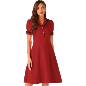 imageAllegra K Peter Pan Collar Dress for Womens Work Puff Sleeve Vintage DressesRed