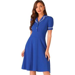 imageAllegra K Peter Pan Collar Dress for Womens Work Puff Sleeve Vintage DressesRoyal Blue