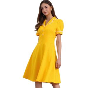 imageAllegra K Peter Pan Collar Dress for Womens Work Puff Sleeve Vintage DressesYellow