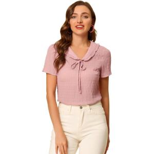 imageAllegra K Peter Pan Collar Tops for Womens Tie Neck Ruffle BlousePink