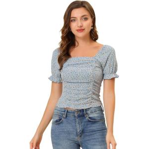 imageAllegra K Smocked Crop Top for Womens Slim Fit Floral Peasant BlouseBlue